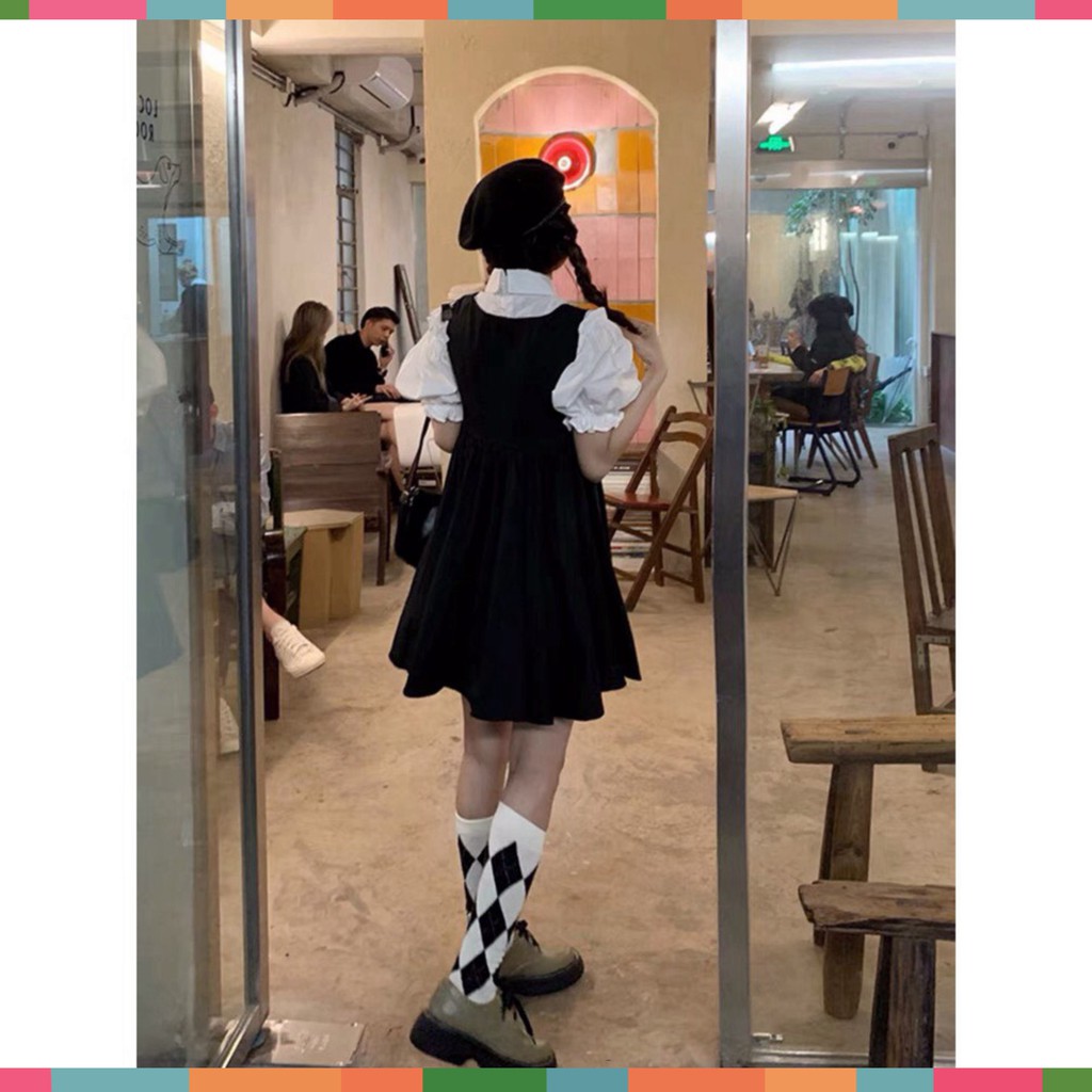 Đầm Yếm Nữ Đen Kèm Áo Ngắn Tay Bồng Siêu Xinh | BigBuy360 - bigbuy360.vn