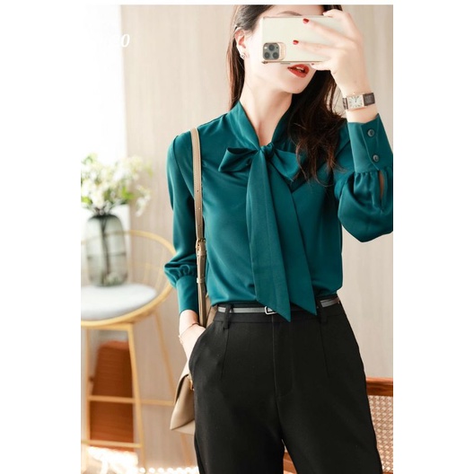 Áo sơ mi lụa cổ nơ dài tay xinh yêu Fredy VNXK A620