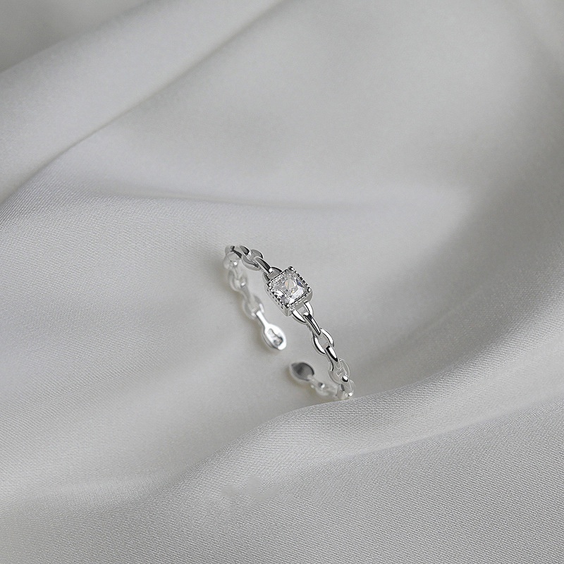Nhẫn đính đá zircon hình vuông mạ bạc S925 kích thước có thể điều chỉnh phong cách đơn giản ngọt ngào cho nữ