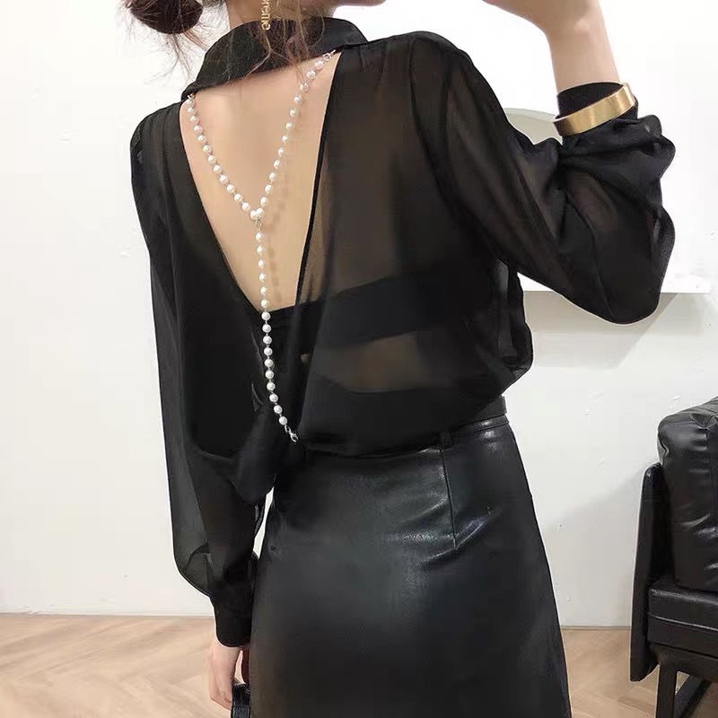 Áo Chiffon Rỗng Xuyên Thấu Cổ Yếm Chống Nắng Phong Cách Hàn Quốc Phổ Biến