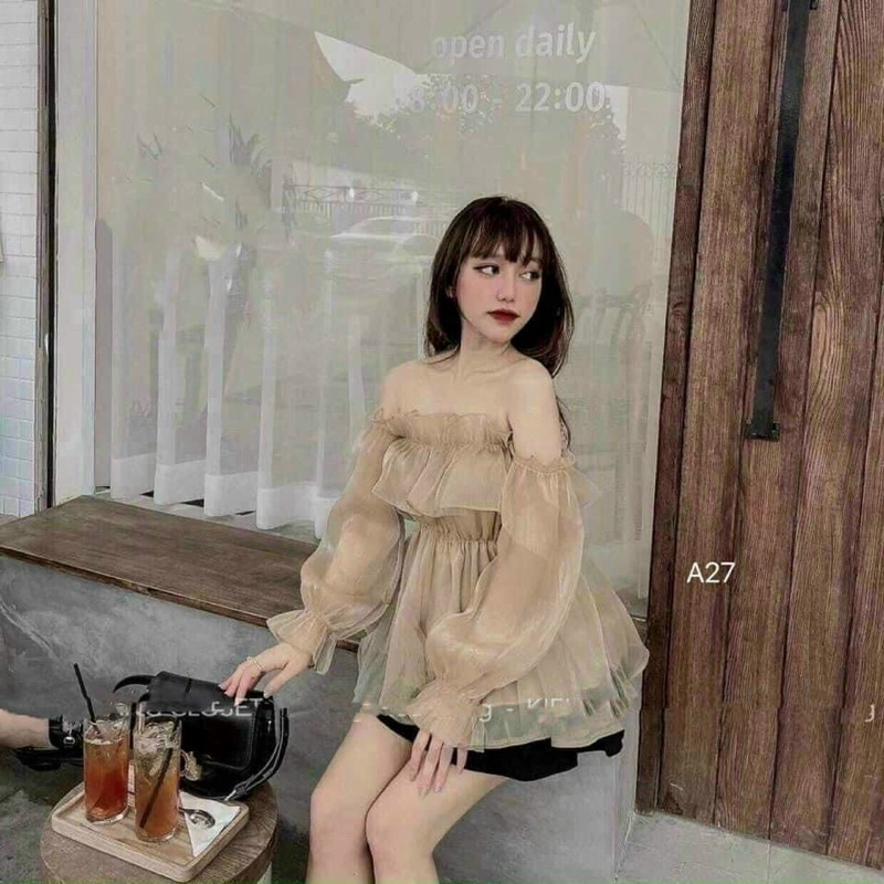 Đầm kiểu nữ bệt vai chất vải voan kiếng 2 lớp FreeSize dưới 54kg, Form trễ hở tay - Bảo An Shop hot