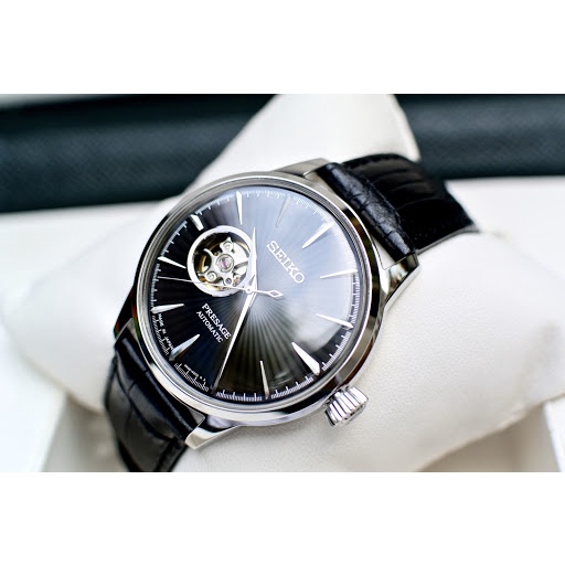 Đồng hồ Nam seiko hở vành tóc chạy cơ automatic mặt đen vỏ trắng dây da máy Nhật 40mm