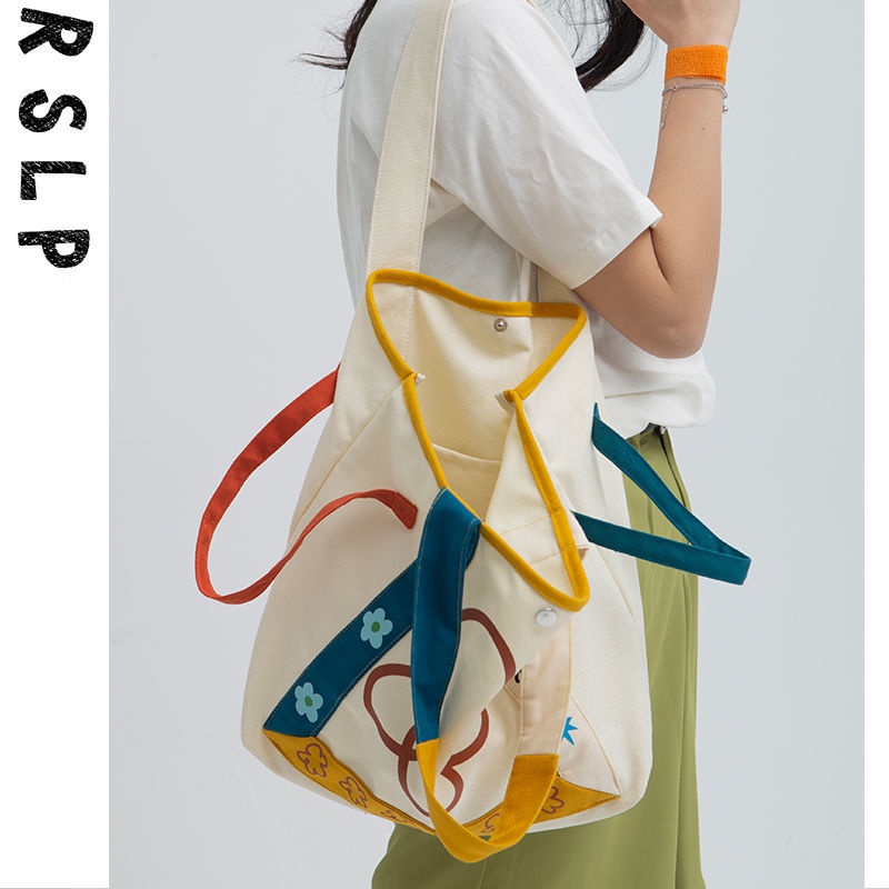 Túi Tote Đeo Vai Vải Canvas In Họa Tiết Màu Sắc Tương Phản Kiểu Hàn Quốc Dễ Thương
