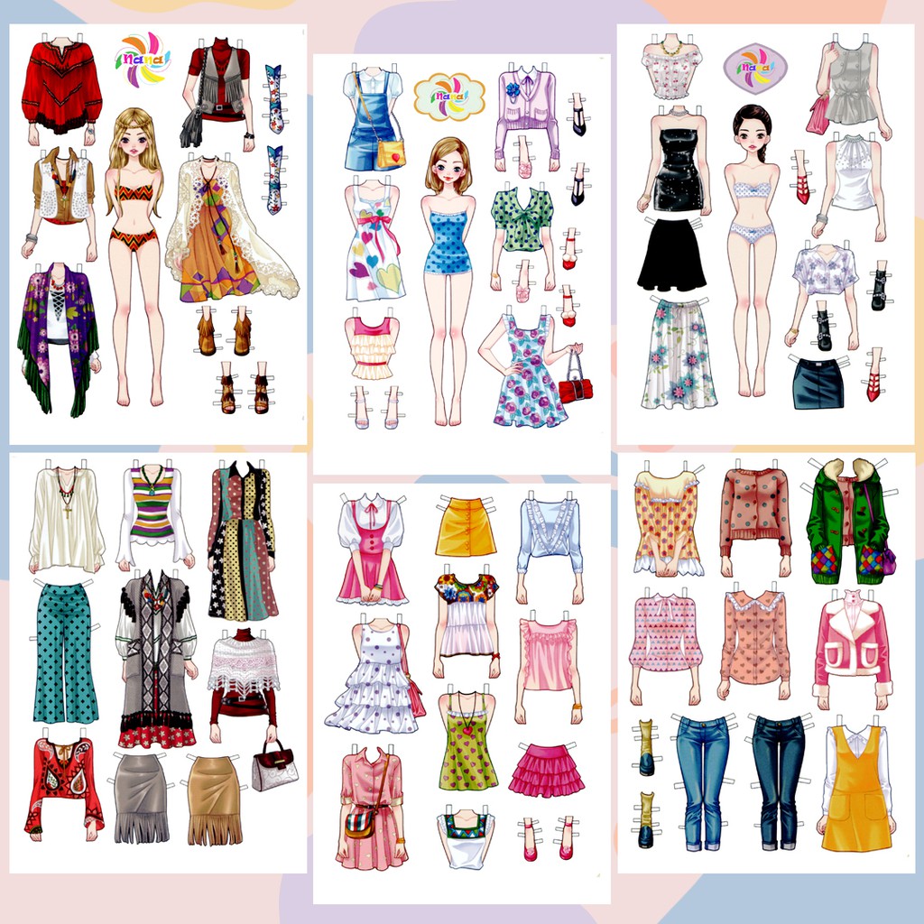 Búp bê giấy (paper doll) thay đồ phong cách Hàn Quốc giấy cắt thủ công cho bé Combo 6 hình siêu đáng yêu BBG0017