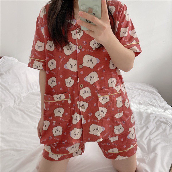 Bộ ngủ pijama 2 túi hình gấu cute vải cotton