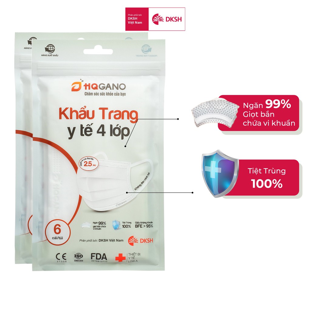 Combo 2 Gói khẩu trang y tế quai thun 4 lớp HQGANO kháng khuẩn, đạt chuẩn xuất khẩu, không mùi, chất liệu cực mềm mại