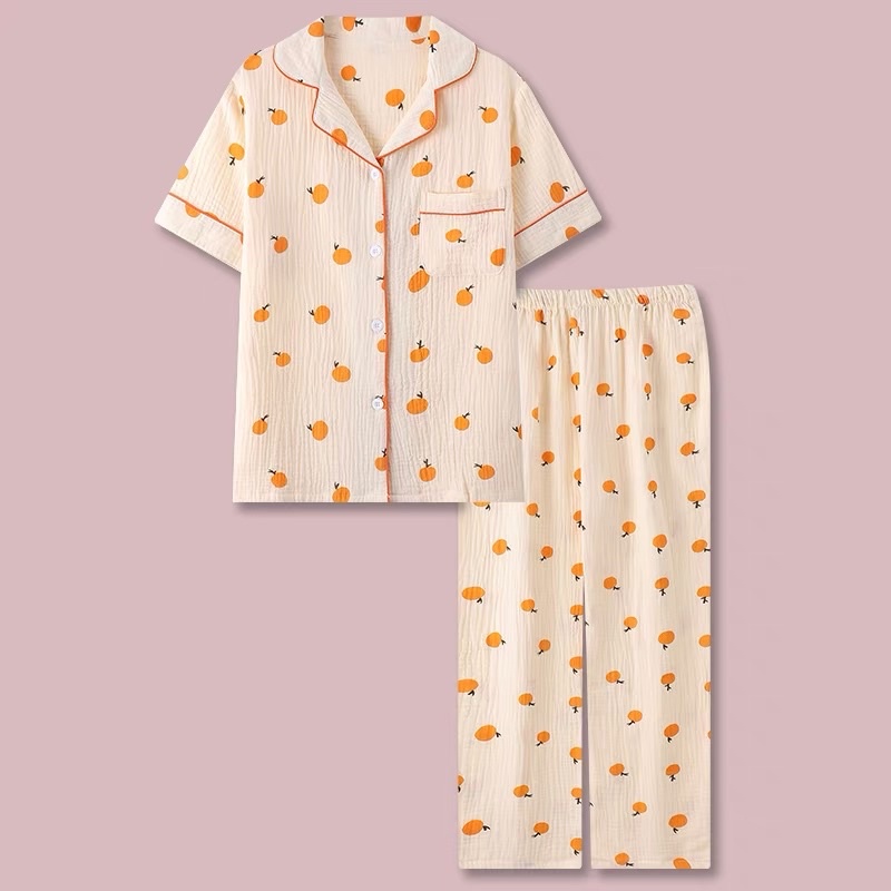Bộ đồ ngủ pijama nữ cộc tay quần dài chất lụa Kate Thái mềm mịn màu cam nhạt họa tiết quả cam đơn giản - CD0062
