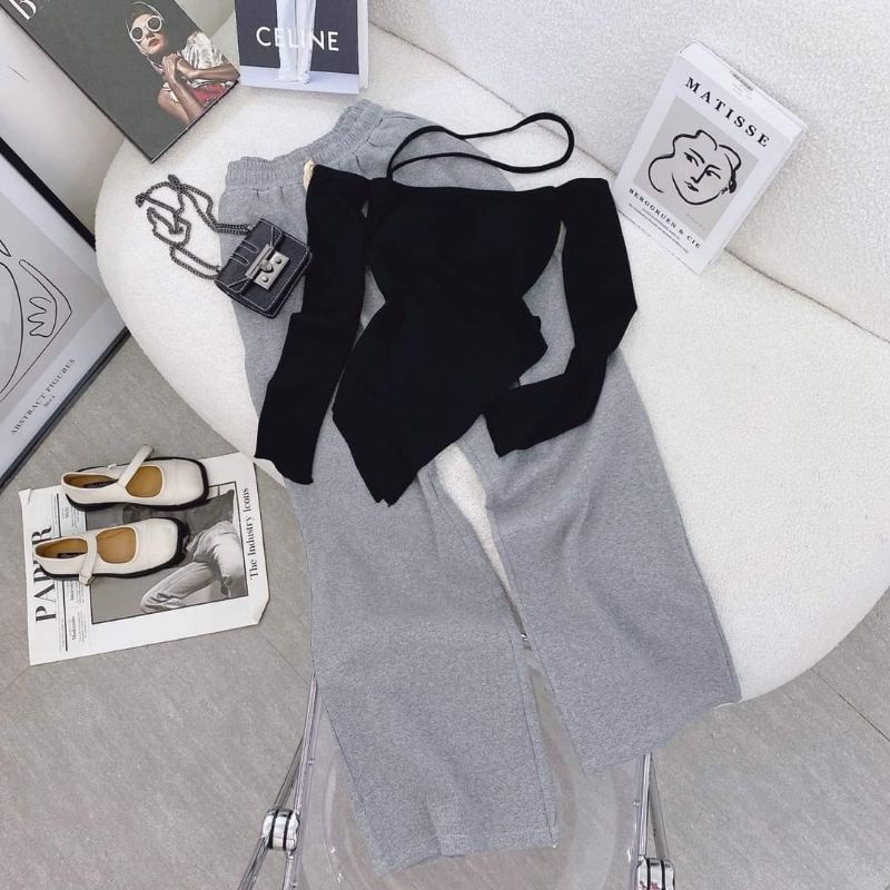 set áo đen chéo dây + quần gân suông xám