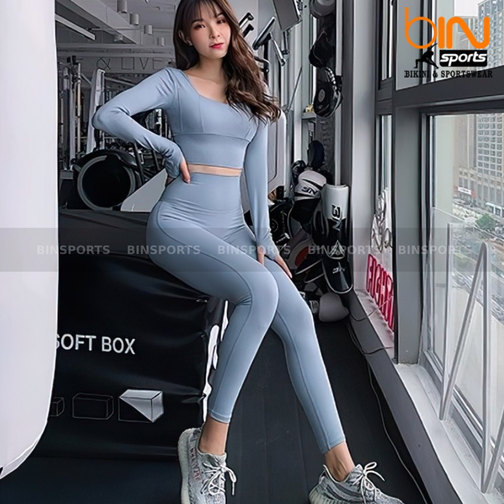 Đồ tập gym yoga nữ bộ quần dài áo dài tay xỏ ngón kèm mút cao cấp Bin Sport BD117