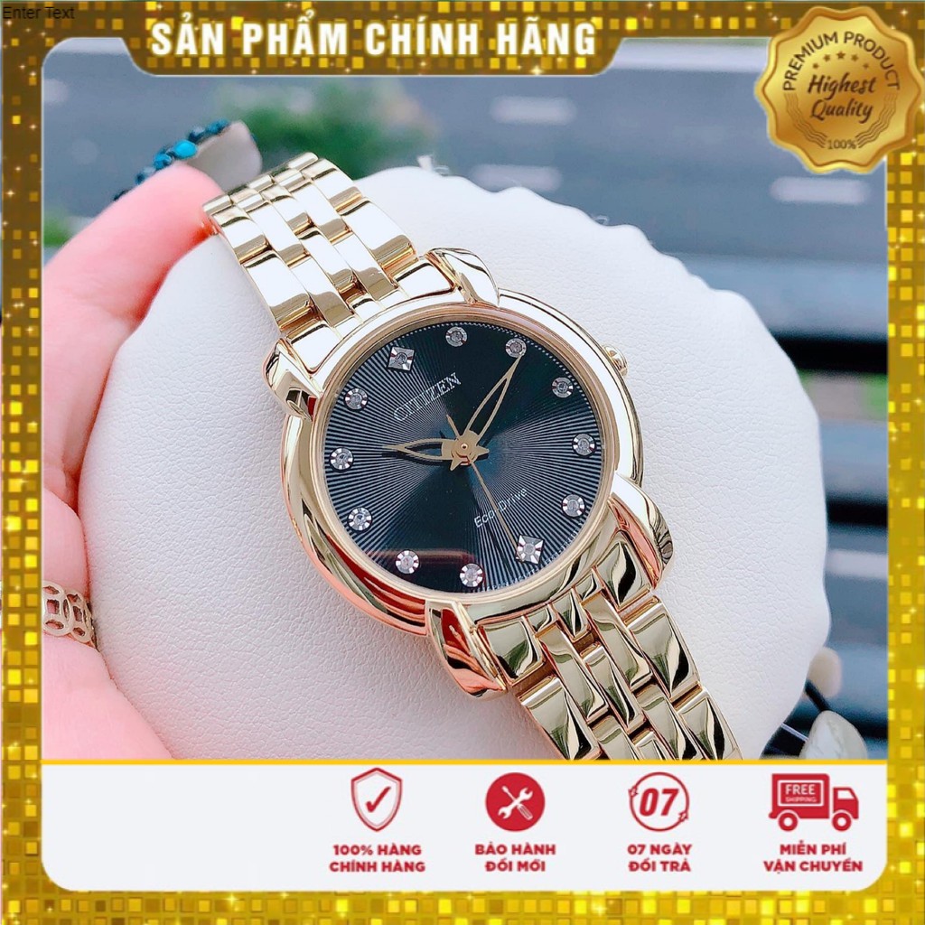 [INBOX TRẢ GIÁ] Đồng hồ Nữ Citizen Eco Drive EM0712-59E Mặt đen,Cọc số đính kim cương-Năng lượng ánh sáng