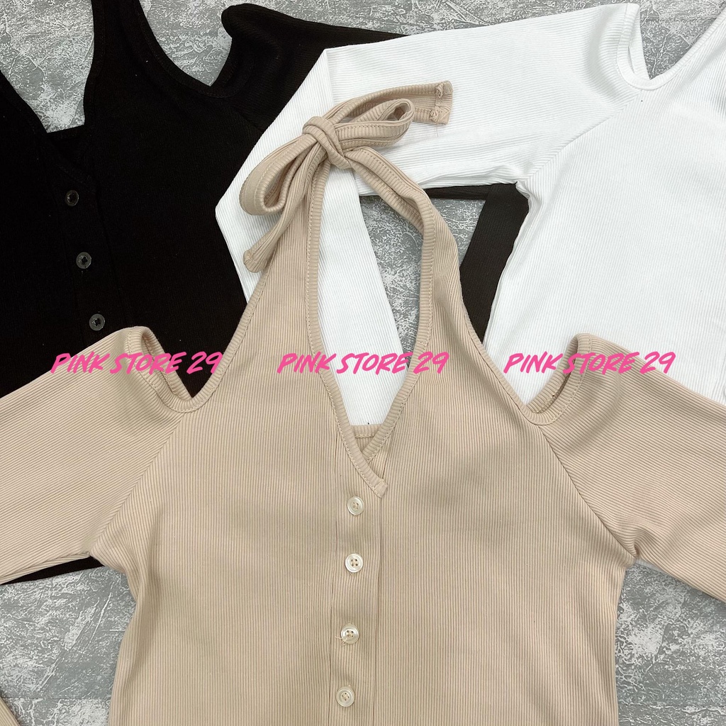 Áo Croptop Ôm Body PINKSTORE29 Cổ Yếm Hở Vai Sang Chảnh Tay Dài A5443