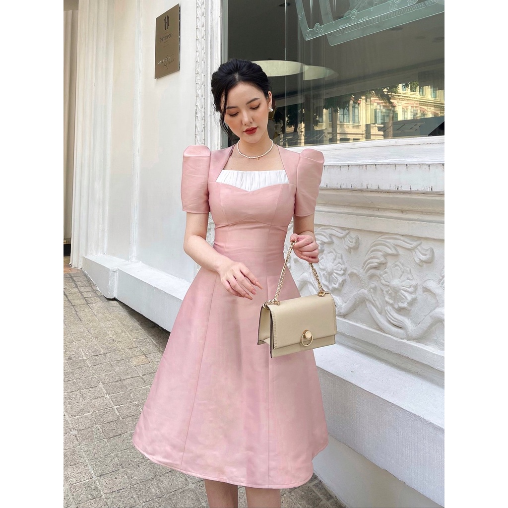 Đầm Hồng Xòe Cách Điệu Tay Bồng Nhún Ngực Cao Cấp- Đầm Thiết Kế Phù Hợp Công Sở, Dạo Phố, Dự Tiệc...V21802