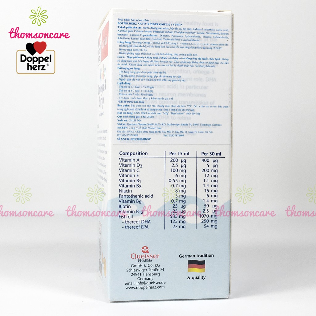 Bổ sung Omega DHA cho bé Kinder Omega 3 syrup từ dầu cá và vitamin - nhập khẩu Doppel Herz Aktiv Đức,