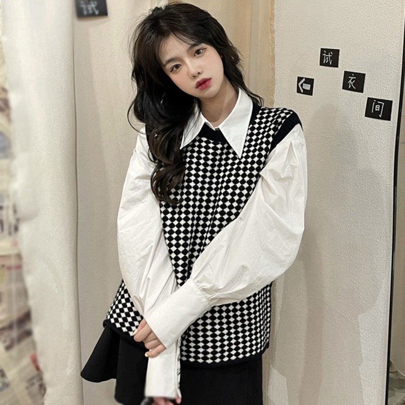 Áo Sweater Dệt Kim Sát Nách Cổ Tròn Dáng Rộng Phong Cách Preppy Dành Cho Nữ