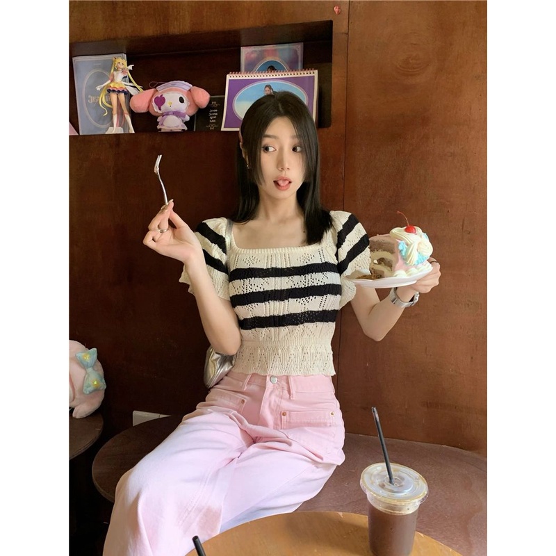 Áo Dệt Kim Ngắn Tay Họa Tiết Kẻ Sọc Thời Trang Hàn Quốc Cho Nữ