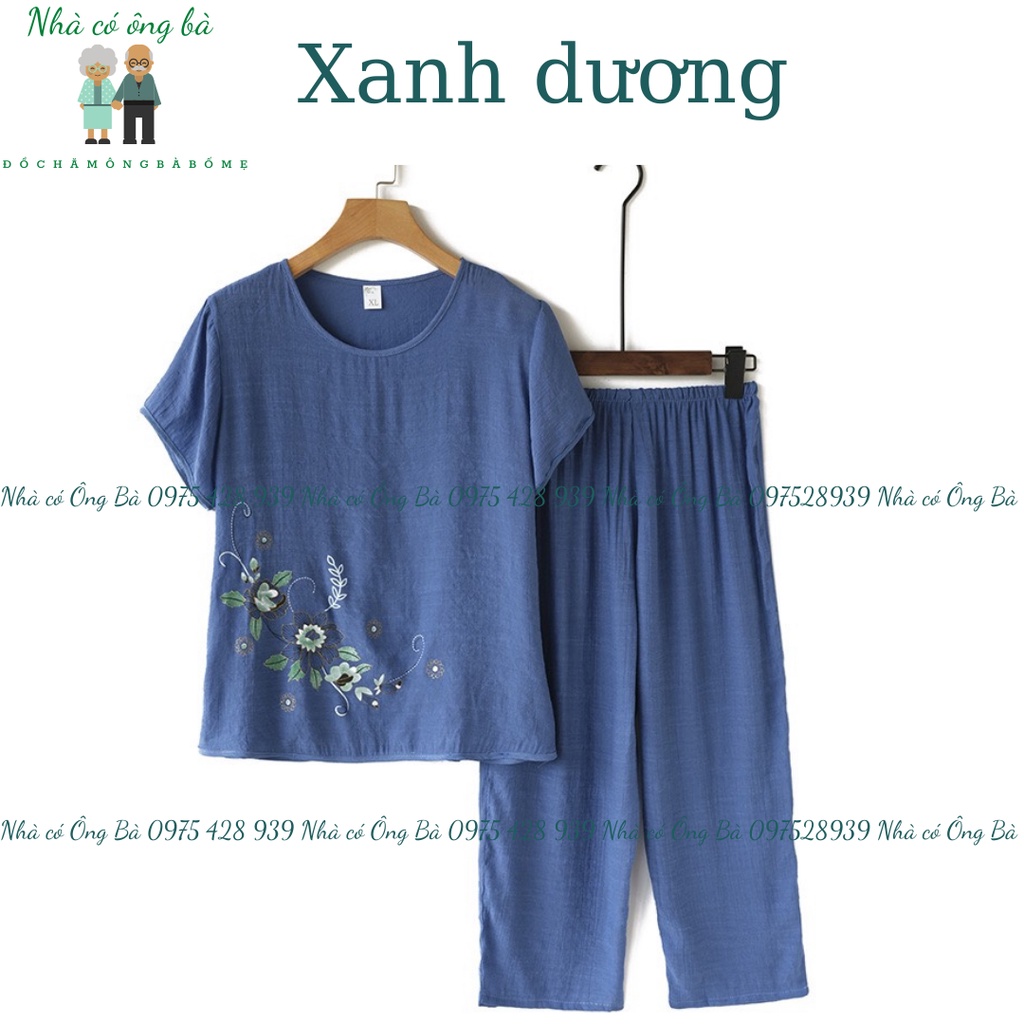 Bộ quần dài áo cộc chất đũi hoa thêu loại 1 cho bà cho mẹ mùa hè siêu mát thấm mồ hôi đồ trung niên