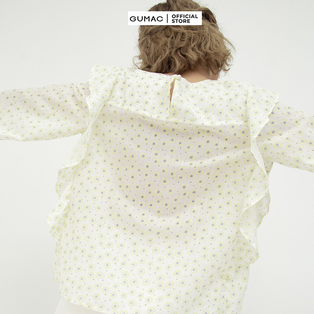 Áo kiểu nữ họa tiết hoa nhí phối bèo GUMAC màu vàng đủ size AB5105 | BigBuy360 - bigbuy360.vn