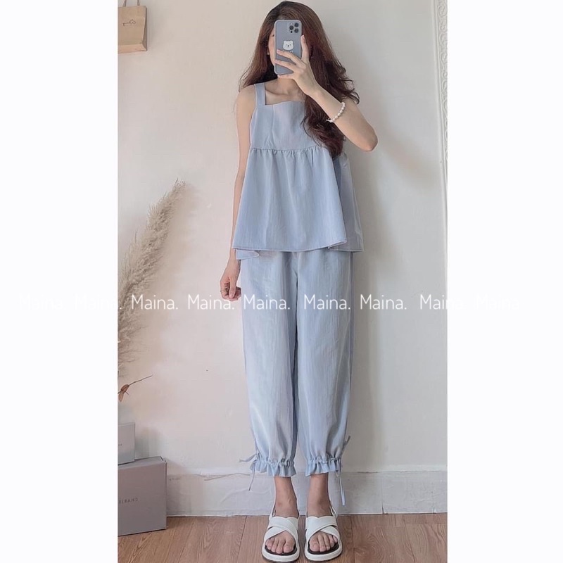 Set áo hai dây quần dài có dây rút đi biển siêu xinh