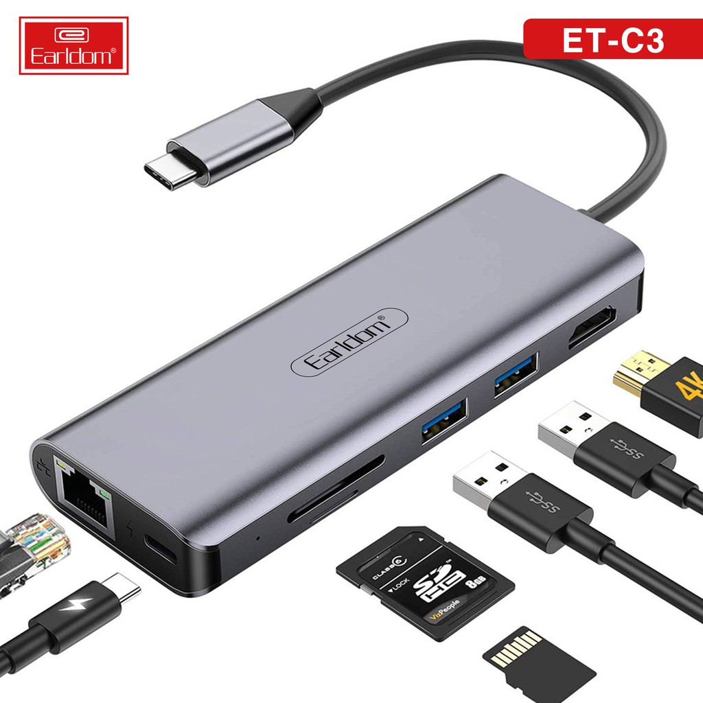 Hub Chuyển Đổi Type C Đa Năng Earldom C3 (7 in 1 - TYPE C to USB, LAN, SD,HDMI)