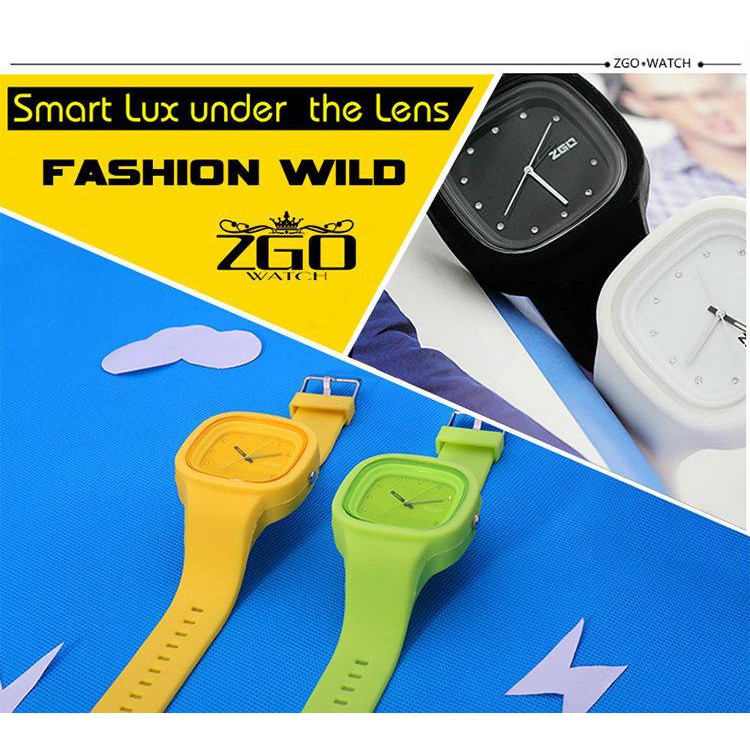 Đồng hồ kim mặt vuông ZGO unisex hồng, vàng, xanh lá, xanh dương trắng, tím silicone chống nước 3M