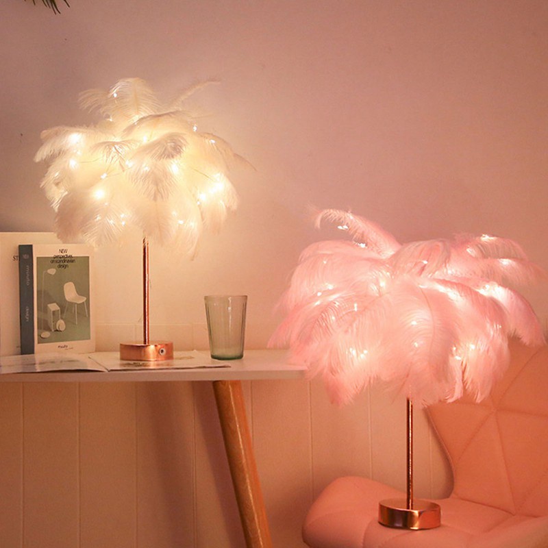 Feather Table Lamp with Remote Control Rose Gold Base for Home -White