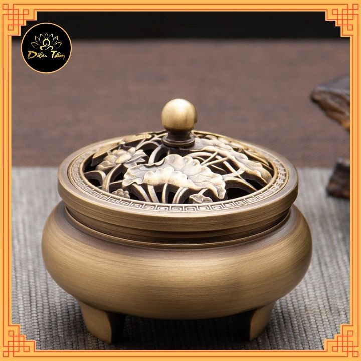 Lư hương xông đốt trầm hương bằng đồng nguyên khối tặng trụ cắm lư đồng, và lót chống cháy xông trầm hương, trầm nụ
