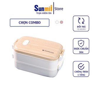 Hộp cơm văn phòng 2 tầng WOODEN STYLE Lõi INOX 304 cao cấp giữ nhiệt tốt