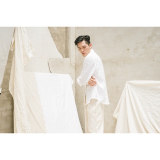 RUSTEA Áo sơ mi cổ đứng vải linen
