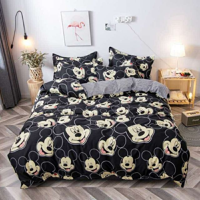 Chăn ga gối Emmibedding chất liệu cotton poly họa tiết mickey đen đáng yêu đủ size miễn phí bo chun
