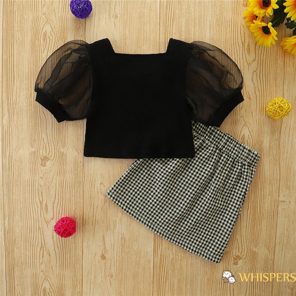 Set Áo Tay Phồng Ngắn Cổ Vuông Màu Đen + Chân Váy Chữ A Họa Tiết Caro Xinh Xắn Cho Bé Gái