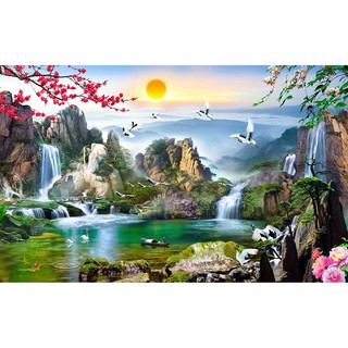 Tranh dán tường 3D thác nước - vải lụa kim tuyến