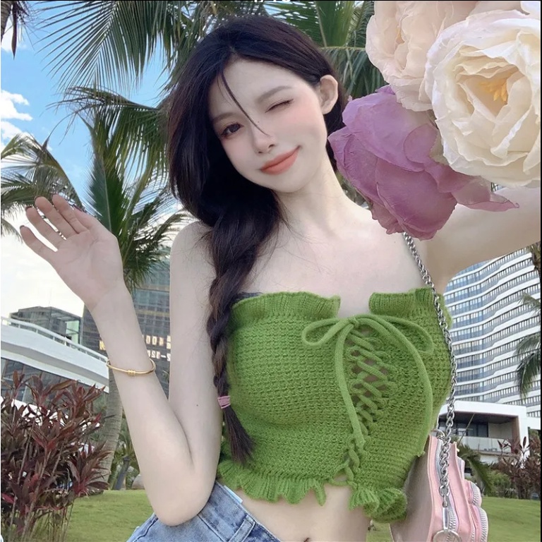 Áo Ống Dệt Kim Phối Dây Rút Thời Trang Mùa Hè Quyến Rũ Cho Nữ