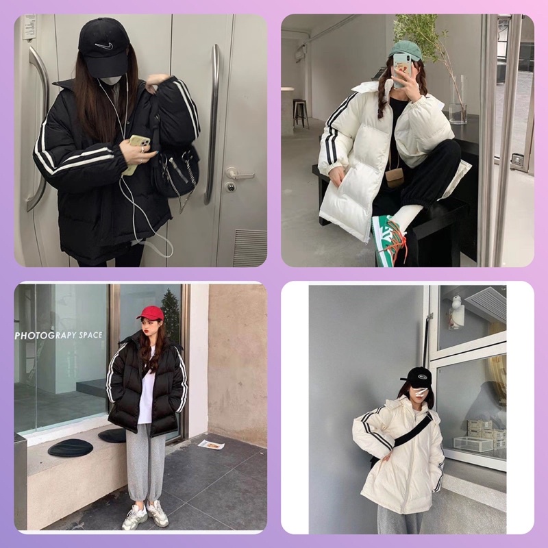 Áo phao mũ 2 sọc  có mũ, 2 màu Đen, Sữa dáng thể thao 2 size M và L, trẻ trung,mềm đẹp, phong cách Hàn Quốc