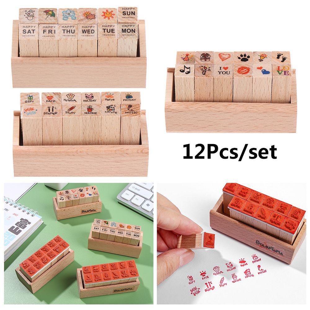Set 12 Con Dấu Bằng Gỗ Dùng Trang Trí Sổ Tay DIY