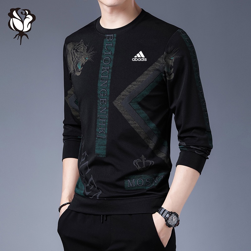 Áo sweater tay dài cổ tròn màu đen phong cách thể thao trẻ trung cho nam