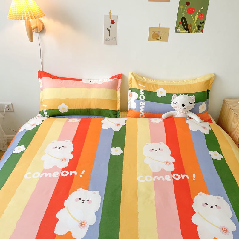 Bộ Drap &amp; Chăn Phao Cotton Poly Gấu Cầu Vồng