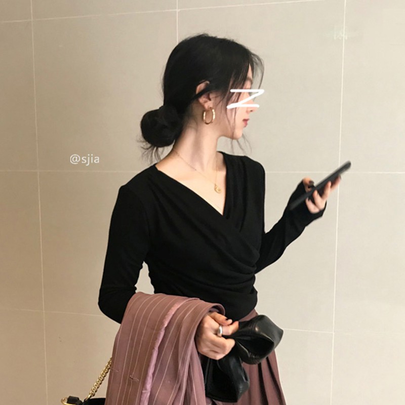 (ORDER-sẵn đen) Áo thun nữ dài tay mỏng mùa thu cổ V vắt chéo style nhẹ nhàng kiểu Pháp - Có ảnh thật