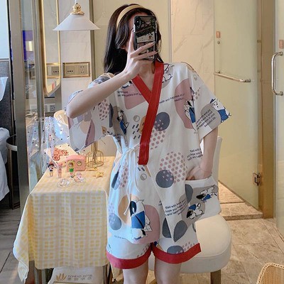 [SẴN HOẠT HÌNH XXL]Bộ đồ ngủ mặc nhà pijama kimono nhật bản áo cổ V tay ngắn+quần short ngắn dễ thương ulzzang ( 2 màu )