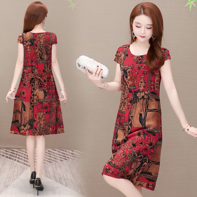 [Dress] Đầm cotton lụa cỡ lớn mới mùa hè váy mẹ in hoa rời cho người trung niên và cao tuổi