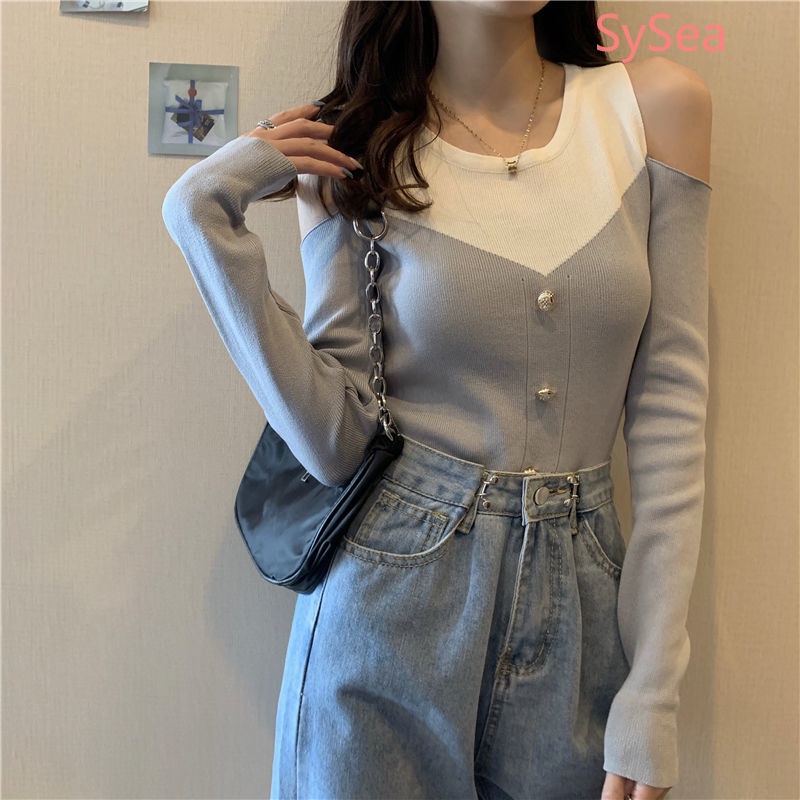 Áo Dệt Kim Tay Dài Trễ Vai Dáng Ôm Kiểu Hàn Quốc Thời Trang Mùa Thu Cho Nữ