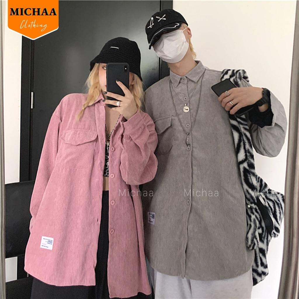Áo Khoác Sơ Mi Nhung Tăm GẮN LOGO Nam Nữ Kiểu Basic Dài Tay, Áo Oversize Nhiều Màu MICHAA