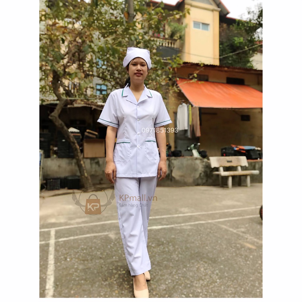 Bộ quần áo blouse trắng dáng ngắn viền Xanh Lá nam nữ cộc tay, dài tay cho dược sỹ, y tá, điều dưỡng, thẩm mỹ viện