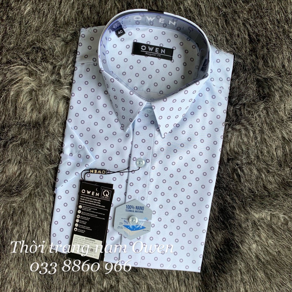 OWEN - Áo sơ mi ngắn tay Owen Regular fit chất nano không nhăn màu xanh in họa tiết 22894