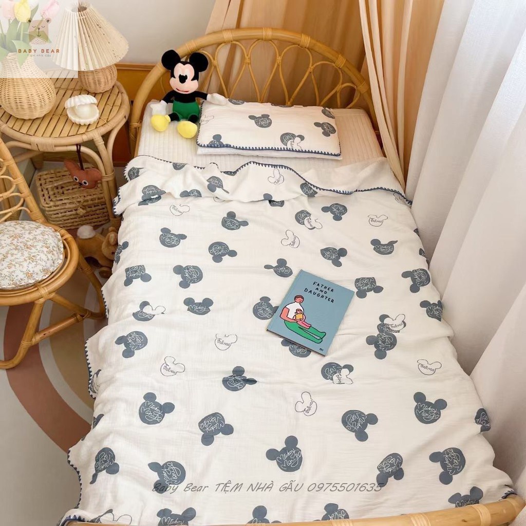 (6 mẫu) Set chăn gối xô cao cấp viển ren cho bé Xô Muslin Hàn Quốc không xù kích thước 105*110cm