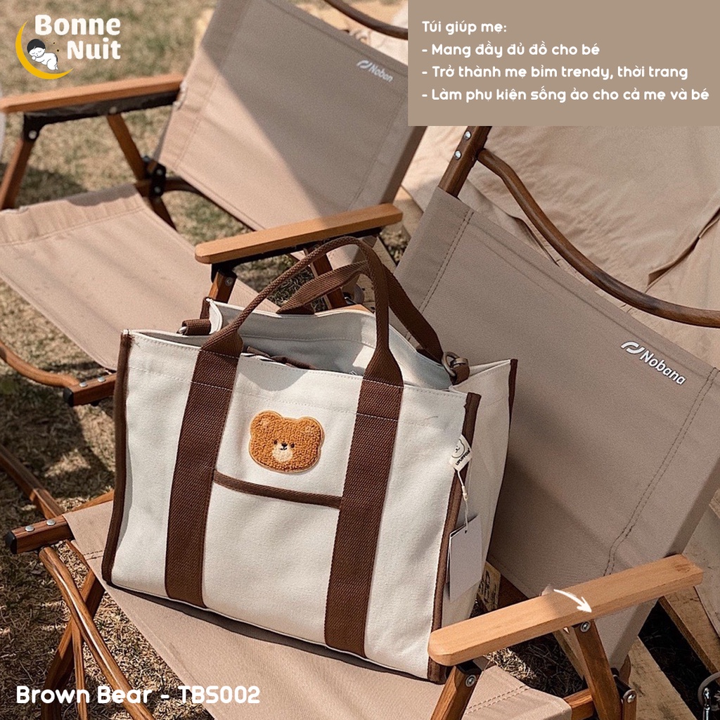 Túi bỉm sữa style Hàn Quốc vải Canvas hoạ tiết Brown Bear siêu trendy