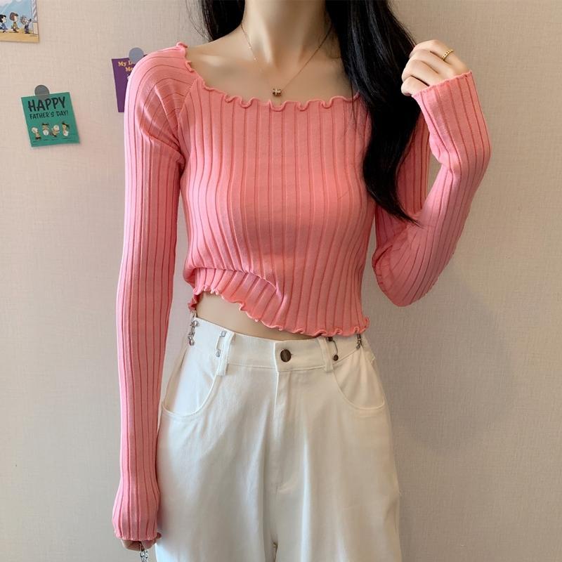 Áo Sweater Dệt Kim Tay Dài Dáng Ngắn Màu Sắc Xinh Xắn Cho Nữ