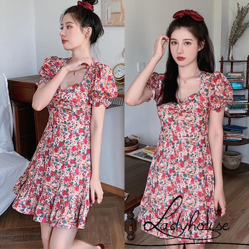 Đầm tay phồng họa tiết hoa ngọt ngào thời trang mùa hè cho nữ