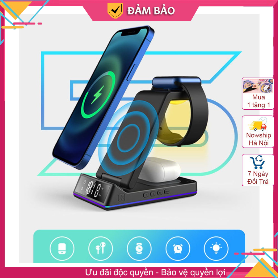 Sạc nhanh không dây 5 trong 1 công suất cao 15w, bộ sạc không dây cho tai nghe, smartwatch, điện thoại,đồng hồ đèn led