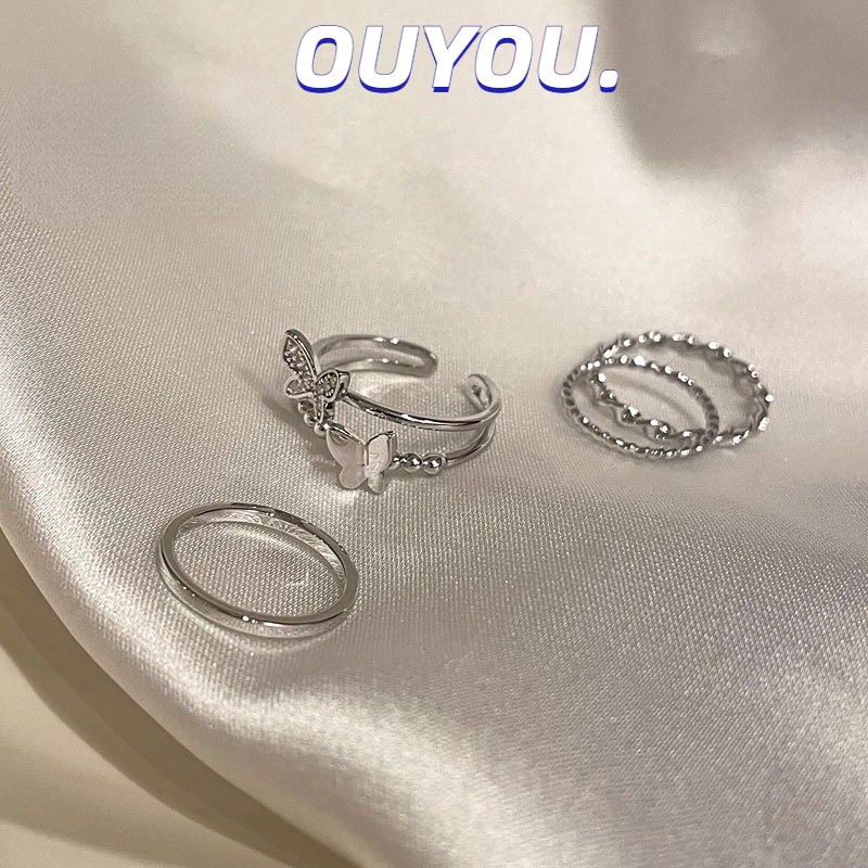 Bộ 4 nhẫn hợp kim một lớp và hai lớp trang trí bươm bướm phong cách Hàn Quốc thời trang cho nữ OUYOU