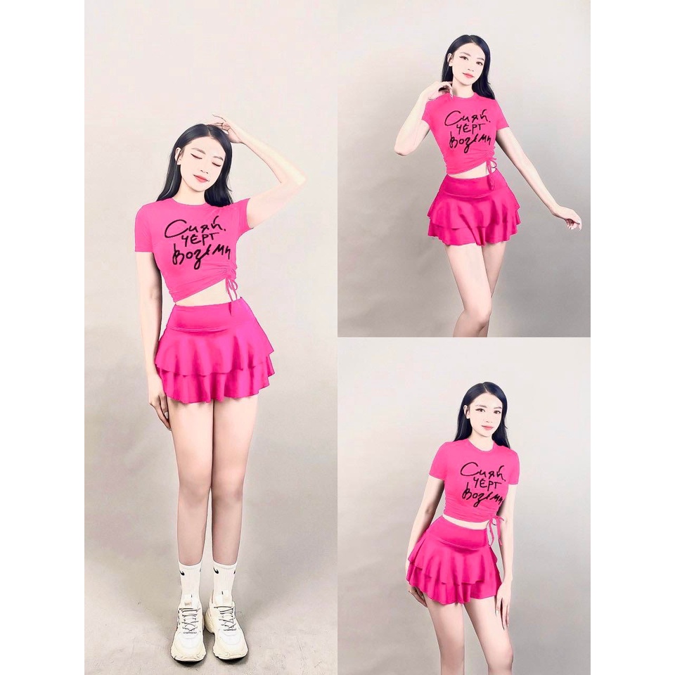 Set bộ váy 2 tầng áo croptop rút dây nữ tập nhảy aerobic,Gym, Zumba, khiêu vũ, trang phục biểu diễn, đi bơi,đi biển nữ